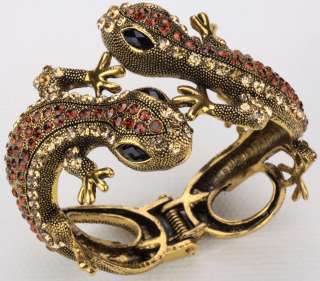 Gold brown swarovski crystal 2 lizard bangle bracelet  