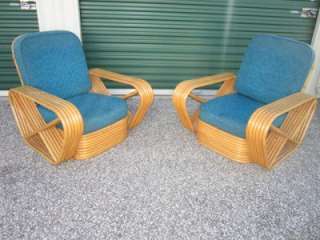 PAIR OF PAUL FRANKL PRETZEL 6 BAND RATTAN LOUNGE CHAIRS MID CENTURY 