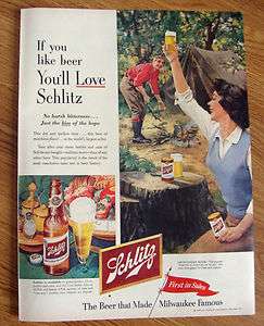 1953 Schlitz Beer Ad Couple Camping Theme  