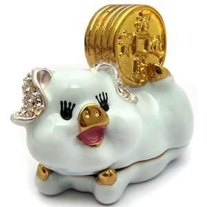  White Wealth Luck Pig Trinket Box with Chinese Coins 