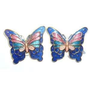  Blue Cloisonne Butterfly Clip Earrings Jewelry