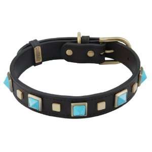   Roll Brown Leather Dog Collar With Turqoise Pyramid Cabochon   Small