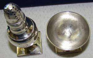 STERLING SILVER OPEN SALT CELLAR bowl/dish/dip&PEPPER shaker SET 