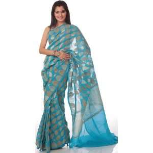  Robin Egg Blue Sari from Banaras with Leaves Woven in Jute 