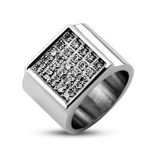   Steel Mens 0.75 Carat Wide Square Multi CZ Ring Size 9 14  