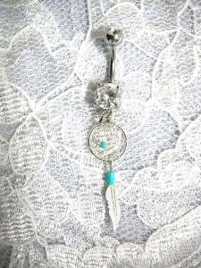 STERL SILVER DREAMCATCHER w FEATHER CLEAR CZ BELLY RING  