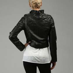 Dollhouse Womens Black Ruffled Faux Leather Jacket  