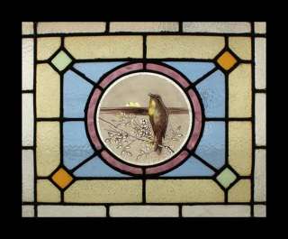 ANTIQUE PAINTED BIRD IN MOONLIGHT STAINED GLASS WINDOW  