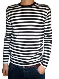 Mens Stripey t shirt tee black white nautical indie mod Top striped 