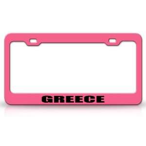 GREECE Country Steel Auto License Plate Frame Tag Holder, Pink/Black