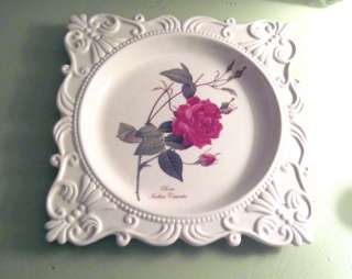 BOTANICAL White Scrolled PINK ROSE Fine Porcelain PLATE  