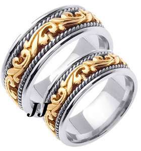 HIS/HER MATCHING WEDDING SET BANDS PAISLEY 14K TWO TONE GOLD RINGS TT 