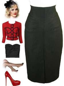   BLACK Bombshell PINUP High Waist WIGGLE Pencil Skirt w/Rouched Details