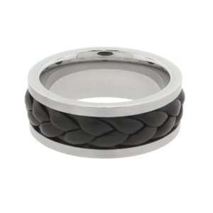  Mens Stainless Steel Ring with Black Leather Band, Size 