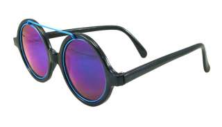 Steampunk Black/Blue Round Blue Mirror Sun Glasses  
