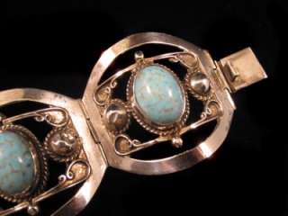 VINTAGE TAXCO STERLING SILVER TURQUOISE PANEL BRACELET MEXICO SIGNED 