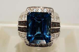   14CT EMERALD CUT BLUE TOPAZ,BLUE DIAMOND & WHITE TOPAZ RING SIZE 8.25