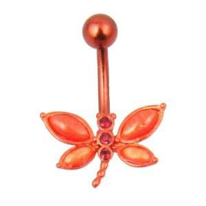  Dragonfly Belly Ring with Red Cats Eye Stones Jewelry