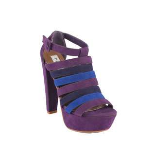   on high chunky heels with micro suede multi bands upper 