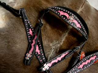 HORSE BRIDLE WESTERN LEATHER HEADSTALL BREAST COLLAR PINK SET RODEO 