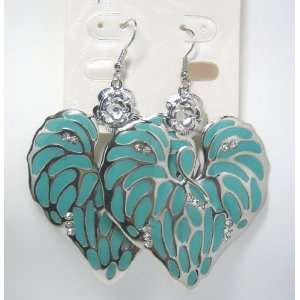  Turquoise Love Heart Shape Leaf Metal Plate Earrings 