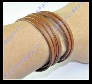 Quality Leather Bracelet Wristband Multi 6 Wrap Brown  