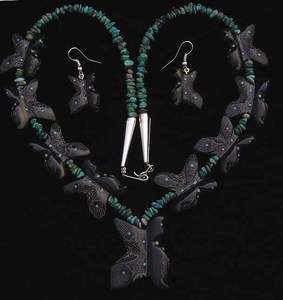 Native American Zuni Butterfly Carving Necklace & Earrings  