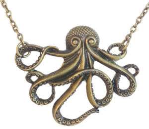 Vintage Octopus Retro Bronze Metal Pendant Necklace  