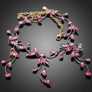  Rhinestone Branch Leaf Necklace Earring Jewelry Set 18k Gold GP  