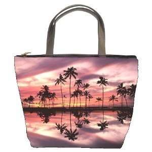   Black Leather Bucket Bag Handbag Purse Trees Beach Ocean Sky Sunrise