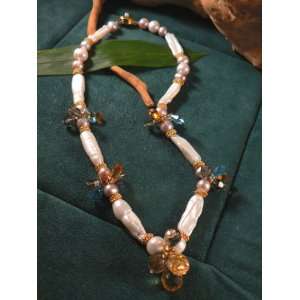  Biwa Pearl & Crystal Cluster Necklace