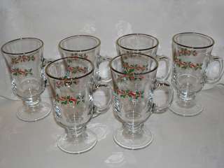 CHRISTMAS IRISH COFFEE MUGS WITH HOLLY LEAVES AND GILDED RIM SET OF 6 