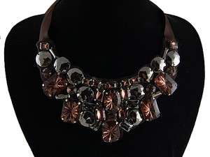Jewel Bib Topaz Brown Black Morion Ribbon Necklace Wear  