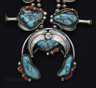 Superb 1970 Navajo Squash Blossom necklace in silver with turquoises 