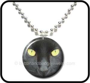 BLACK CAT* Scary Yellow Eyes Halloween Button NECKLACE  