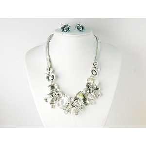Vintage Inspired Metal Silvertone Crystal Gem Flower Collar Necklace 
