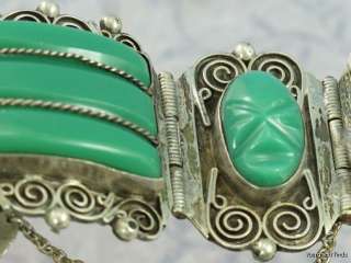   MEXICAN TAXCO 980 SILVER GREEN GLASS MASQUETTE MASK LINK BRACELET x