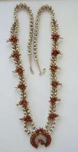   Sterling Silver & Red Coral Needlepoint Squash Blossom Necklace  
