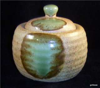 Contemporary Sugar Bowl / Lid Beige with Green Glaze 4  