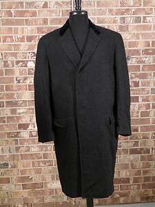   black wool herringbone tweed long over coat velvet collar gangster M L