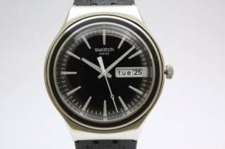 New Swatch Irony Men Charcoal Suit Black Leather Band Day Date Watch 