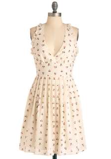 Dot ful Gesture Dress   Mid length, Cream, Multi, Polka Dots, Pleats 