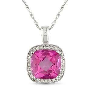 10k White Gold, Diamond and Pink Sapphire Pendant with Chain, (.01 