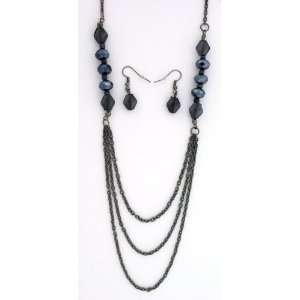  Mirrored Black Multifaceted Beaded Layered Necklace and 