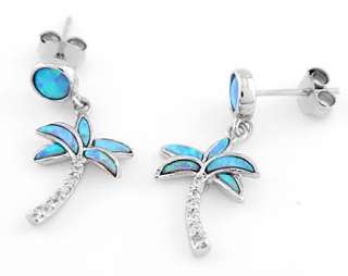 STERLING SILVER PALM TREE SIMULATED OPAL CZ EARRING  