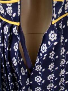VTG 60s Jerry SILVERMAN Navy Floral Print Mandarin Collar LS Pleated 