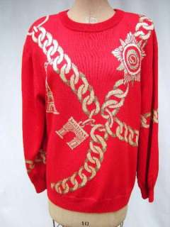 ST. JOHN Collecton Marie Gray Pullover Sweater Top Red Gold Metallic 