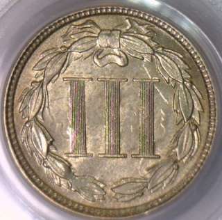 1865 Three Cent Nickel PCGS MS 63 Mole Variety  