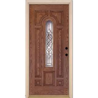   Medium Oak Prehung Left Hand Inswing Brass Center Arch Fiberglass Door