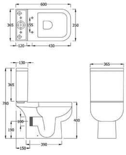   Ceramic Close Coupled WC Toilet Pan Cistern & Seat Technical Drawing